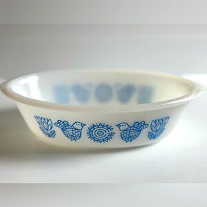Vintage Glassbake Blue Bird Casserole Dish USA Milk Glass